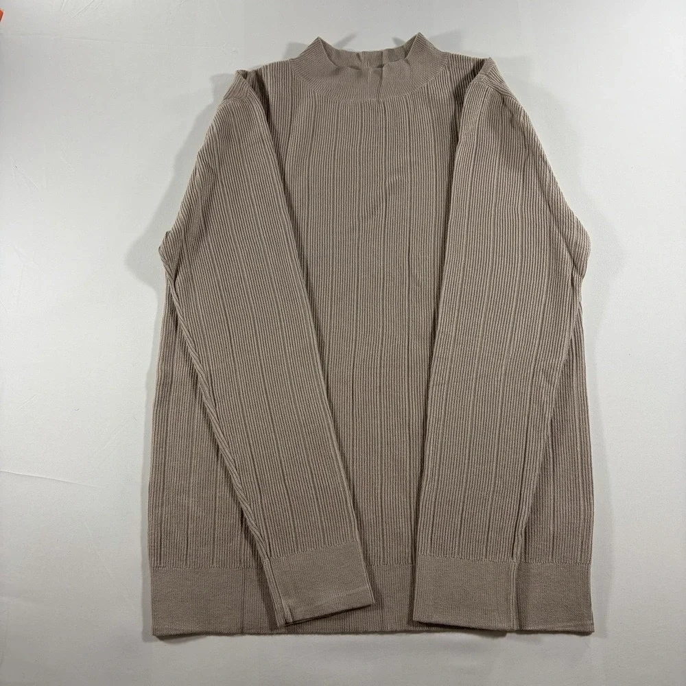 Runcati Mens Mock Turtleneck Sweater M Slim Fit Khaki Ribbed Knit Pullover Fall
